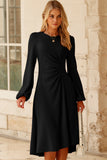Black Plain Lantern Sleeve Midi Dress