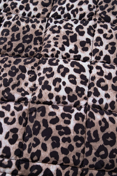 Brown Leopard Quilted Full Zipper Casual Puff Vest