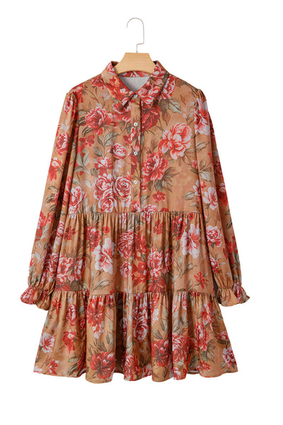 Brown Floral Print Shirt Style Long Sleeve Ruffle Mini Dress