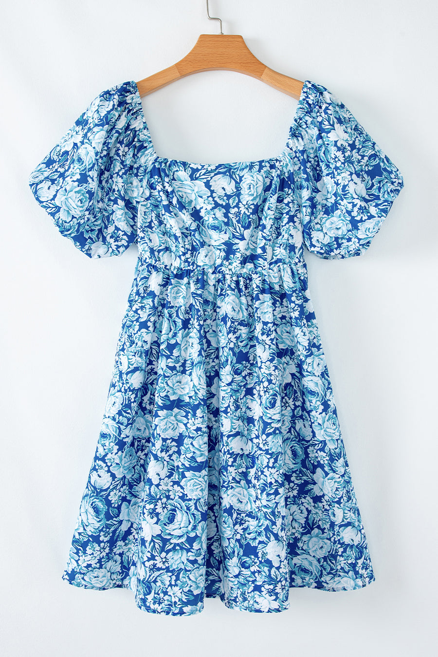 Blue Multi Floral Puff Sleeve Babydoll Mini Dress with Pockets