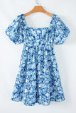 Blue Multi Floral Puff Sleeve Babydoll Mini Dress with Pockets