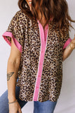 Leopard Print Contrast Trim Short Sleeve Button-Up Shirt