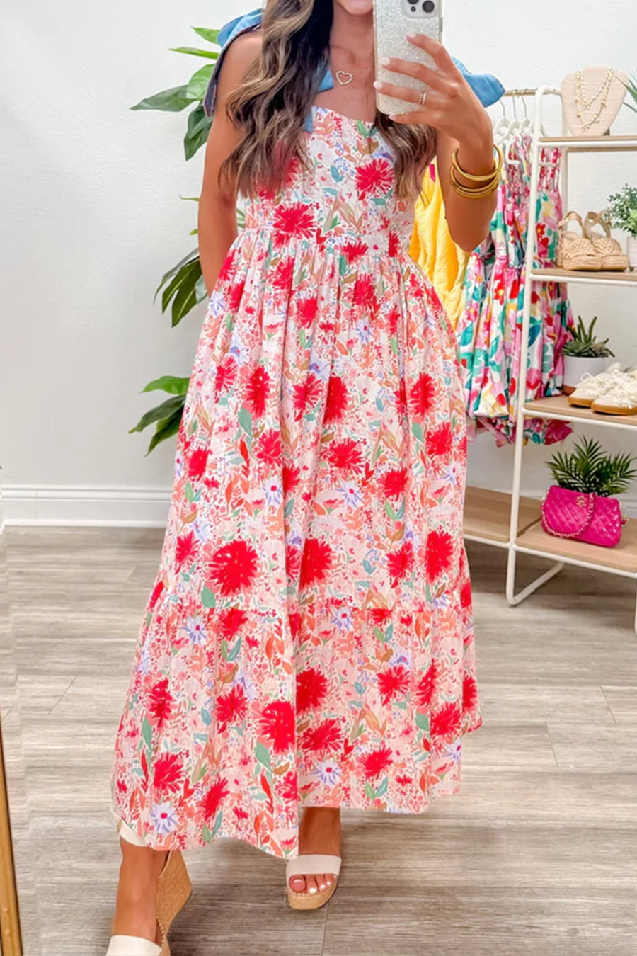 *Backorder* Floral Print Denim Straps High Waist Maxi Dress