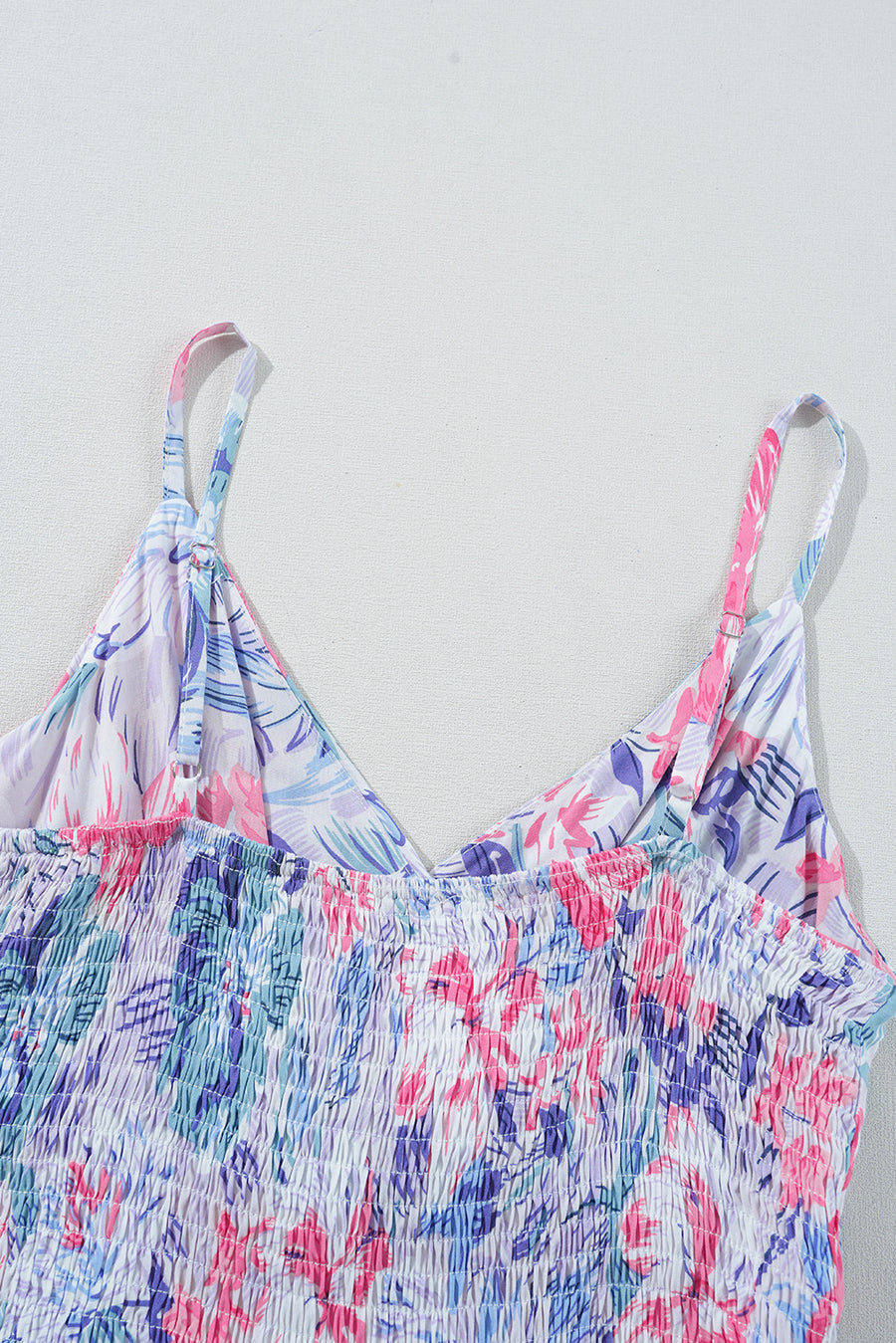 Blue and Pink Floral Spaghetti Strap Surplice Neck Shirred Waist Mini Dress