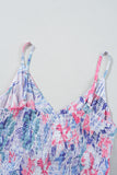 Blue and Pink Floral Spaghetti Strap Surplice Neck Shirred Waist Mini Dress