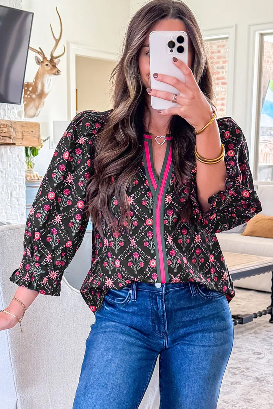 Black Floral Contrast Trim V-Neck Lantern Sleeve Blouse