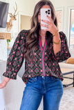 Black Floral Contrast Trim V-Neck Lantern Sleeve Blouse