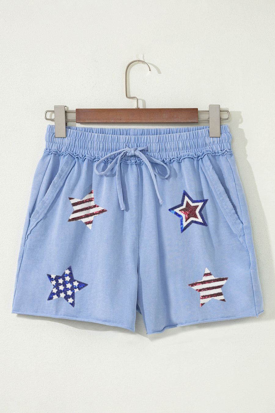 Dusty Blue American Sequin Star Exposed Seam Drawstring Cotton Shorts