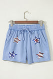 Dusty Blue American Sequin Star Exposed Seam Drawstring Cotton Shorts