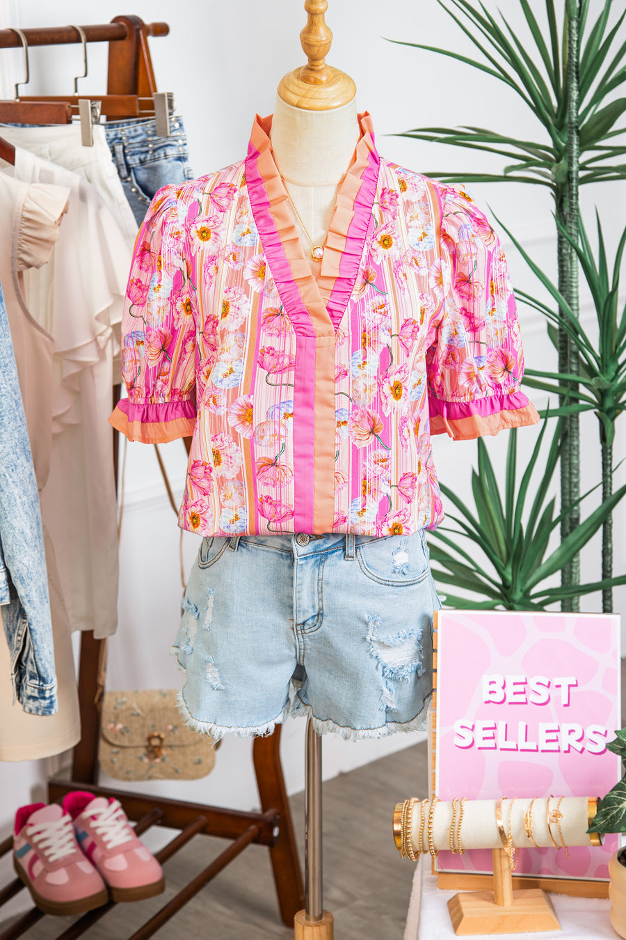 Pink Poppy Floral Striped Color Block Trim V-Neck Ruffled Short Sleeve Blouse
