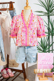 Pink Poppy Floral Striped Color Block Trim V-Neck Ruffled Short Sleeve Blouse