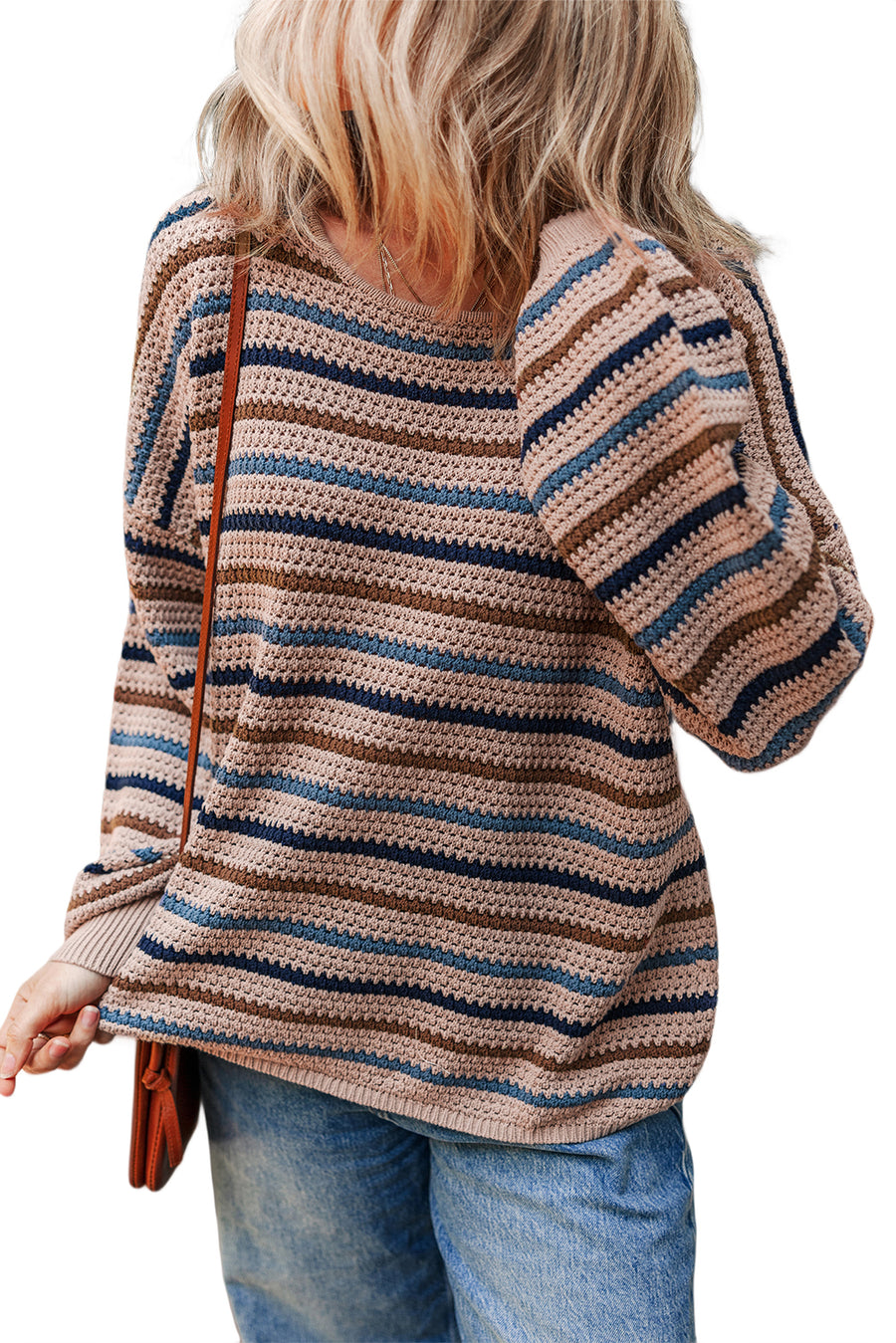Tan Multi Openwork Striped Knit Drop Shoulder Crew Neck Sweater