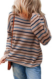 Tan Multi Openwork Striped Knit Drop Shoulder Crew Neck Sweater