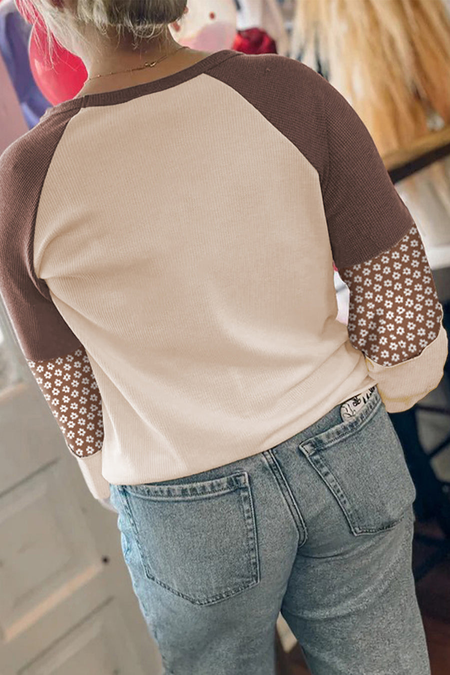 Brown Floral Print Patchwork Color Block Long Sleeve Top
