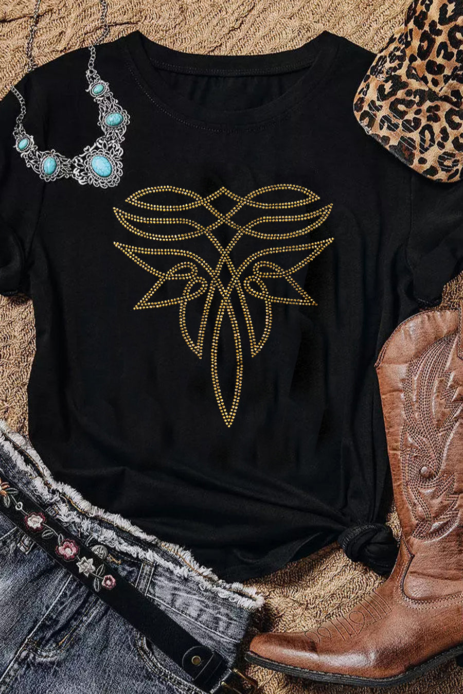 Black  Boot Stitch Pattern Rhinestone Transfer Cotton Blend Tee
