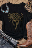 Black  Boot Stitch Pattern Rhinestone Transfer Cotton Blend Tee