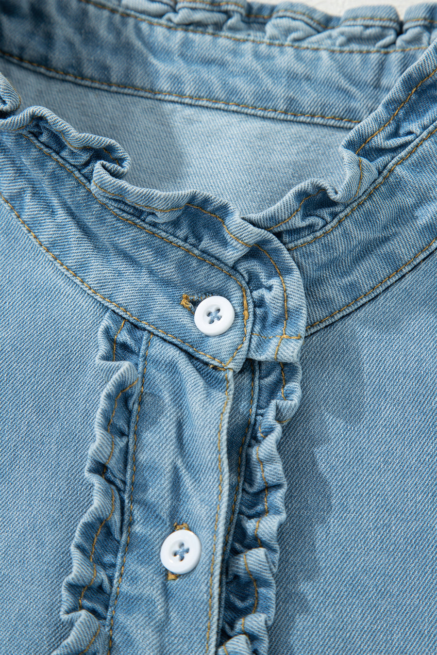 Frill Neck Button-Up Ruffled Short Sleeve Denim Mini Dress- 2 Colors