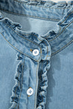 Frill Neck Button-Up Ruffled Short Sleeve Denim Mini Dress- 2 Colors