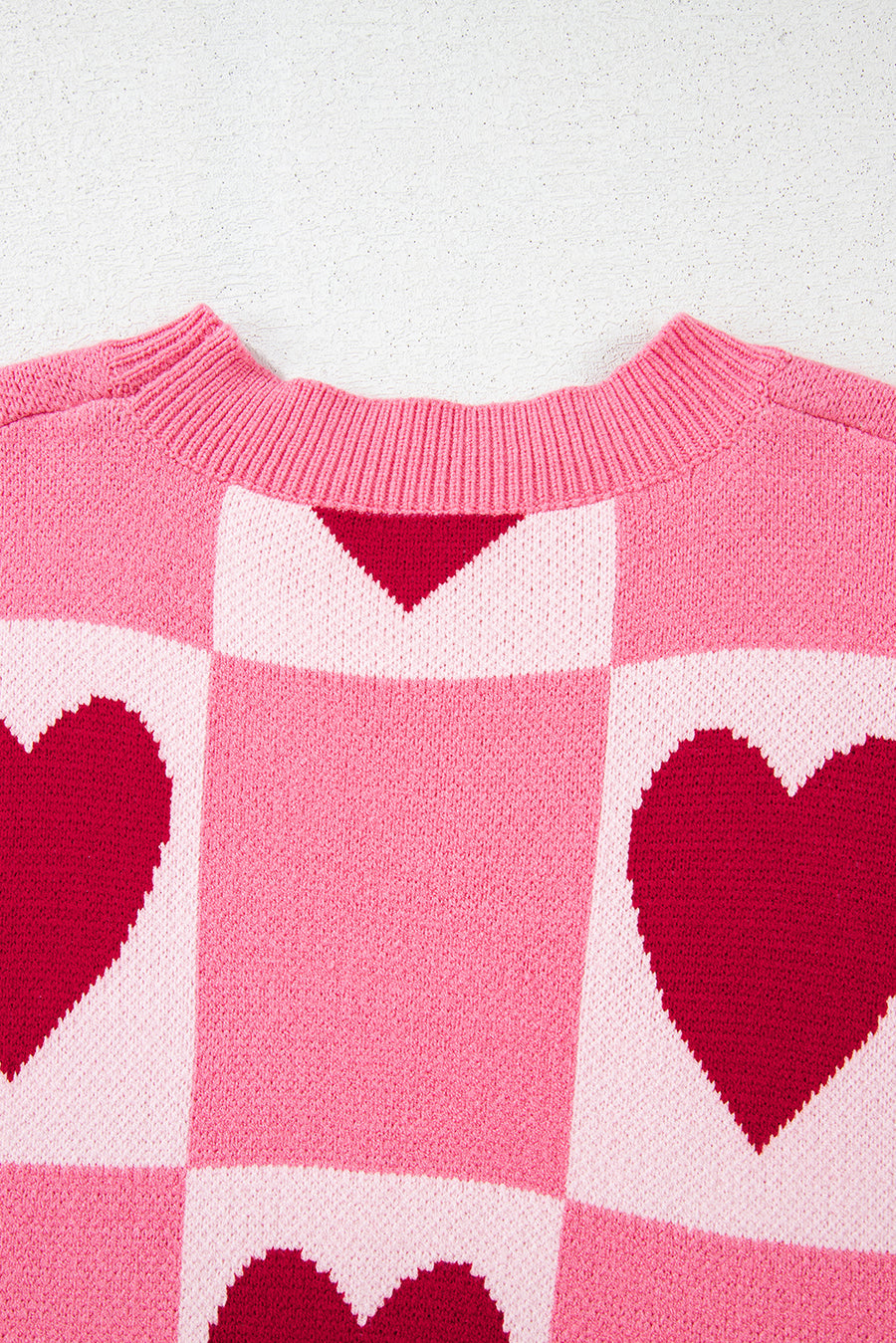 Pink Heart & Checkered Pattern Drop Shoulder Crew Neck Knit Sweater