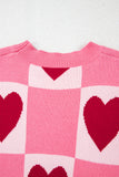 Pink Heart & Checkered Pattern Drop Shoulder Crew Neck Knit Sweater