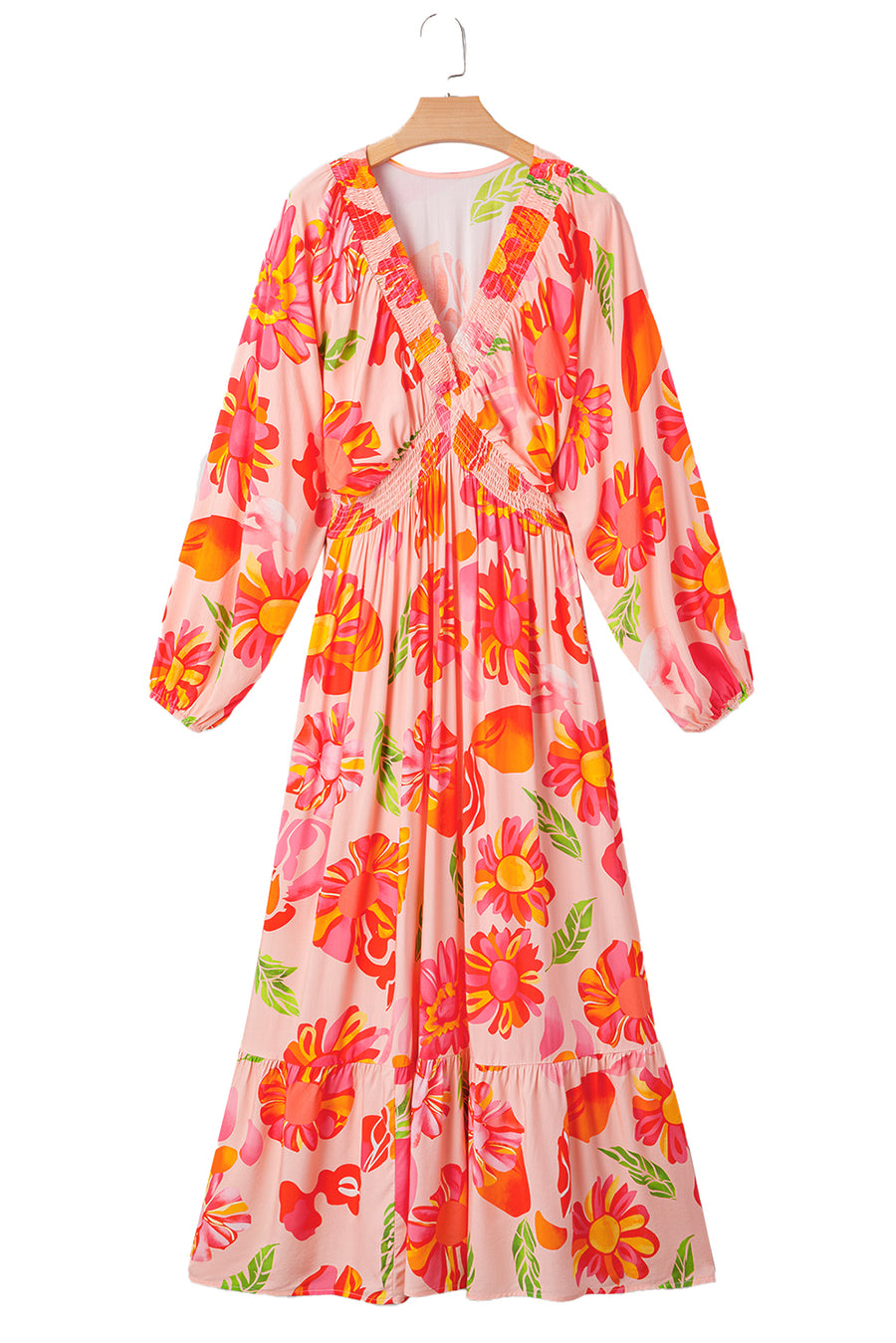 Fuchsia Multi Floral Shirred Long Sleeve Flowy Maxi Dress with Pockets