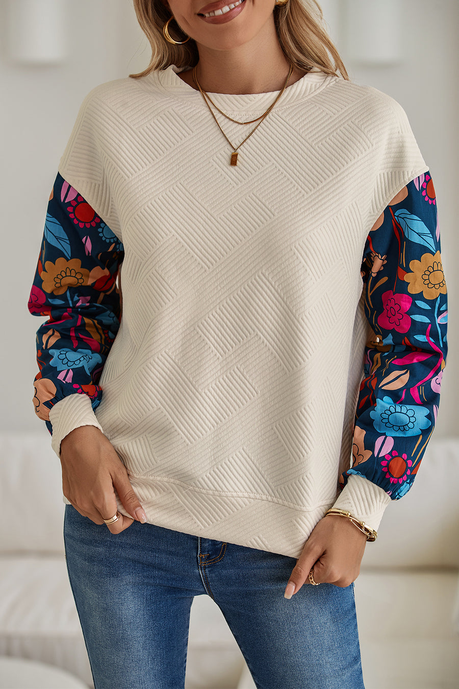 Floral Patchwork Sleeve Textured Sweatshirt