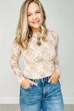 White Sheer Lace Mesh Slim Fit Long Sleeve Top