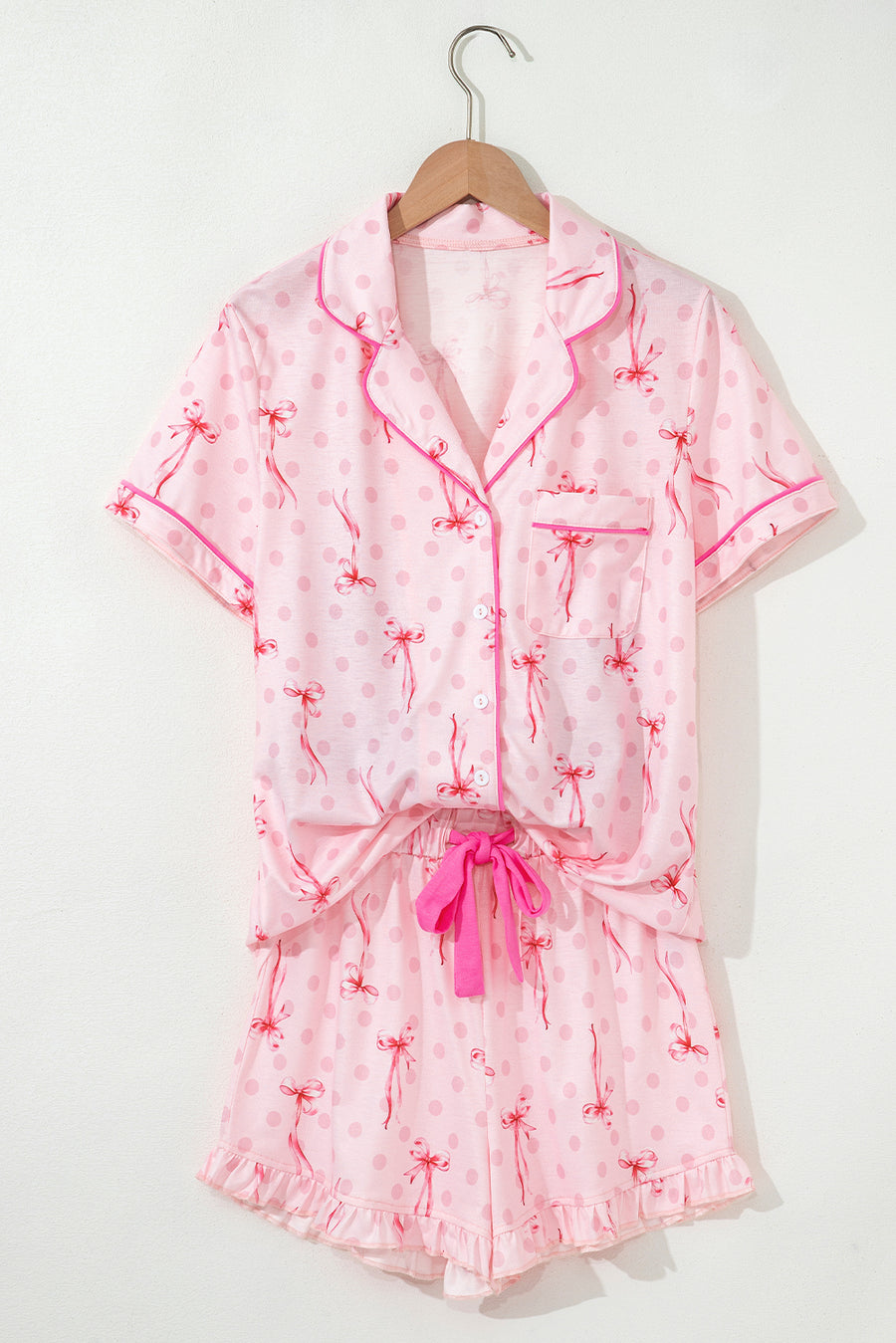 Bow Print Button-Up V-Neck Short Sleeve Top and Ruffle Hem Shorts Pajama Set- 2 Styles