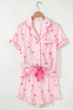 Bow Print Button-Up V-Neck Short Sleeve Top and Ruffle Hem Shorts Pajama Set- 2 Styles