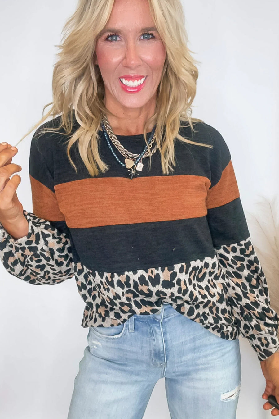 Black Leopard Color Block Crew Neck Sweater