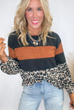 Black Leopard Color Block Crew Neck Sweater