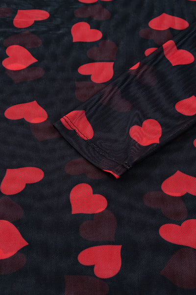 Heart Printed Sheer Mesh Long Sleeve Top- 2 Colors