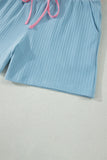 Yellow Cream Soft Ribbed Color Block Trim Casual Short Set