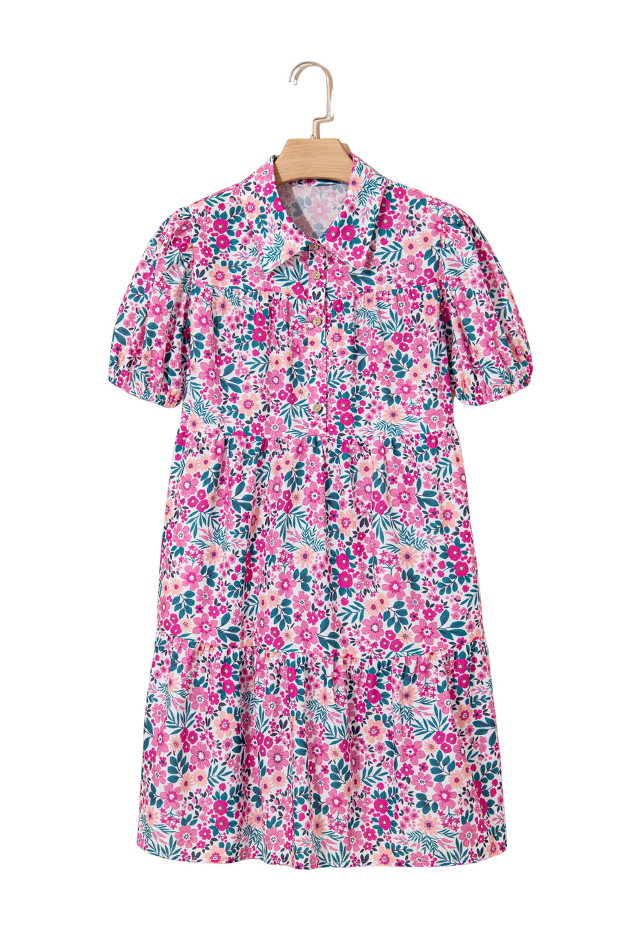 Pink Multi Floral Button-Up Puff Sleeve A-Line Mini Dress