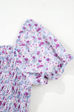 Purple Floral Short Bubble Sleeve Smocked High Waist Maxi Dress
