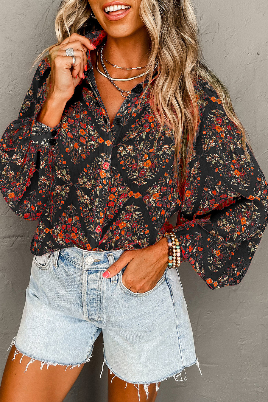 Black Floral Collared Button-Up Lantern Sleeve Blouse