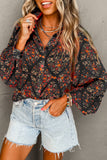 Black Floral Collared Button-Up Lantern Sleeve Blouse