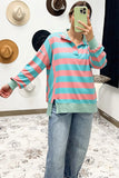 Coral & Turquoise Striped Drop Shoulder Button Collar Side Slit Long Sleeve Shirt