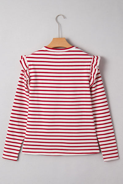 Red & White Striped Ruffle Shoulder Long Sleeve Top