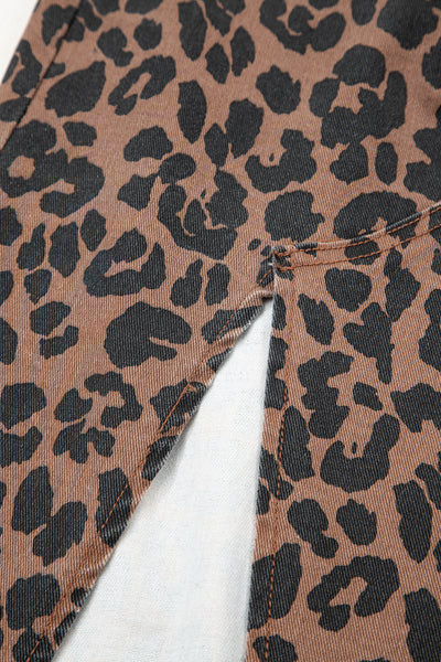 Sky Blue Leopard Frayed Split Denim Midi Skirt