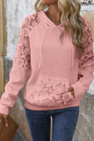 Lace Patchwork Raglan Sleeve Waffle Knit Hoodie with Pockets- 2 Colors