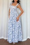 Sky Blue Floral Print Knot Straps High Waist Flared Maxi Dress