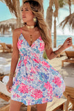 Blue and Pink Floral Spaghetti Strap Surplice Neck Shirred Waist Mini Dress