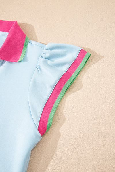 Beau Blue Pop of Color Collared V Neck Ruffle Sleeve Blouse