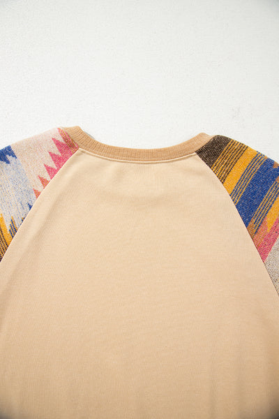 Light French Beige Geometric Patchwork Raglan Sleeve Pullover Sweatshirt