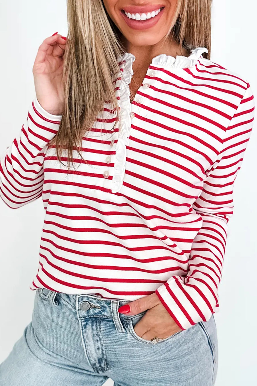 Red Stripe Contrast Frill Neck Half Button-Up Long Sleeve Top