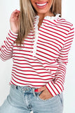 Red Stripe Contrast Frill Neck Half Button-Up Long Sleeve Top