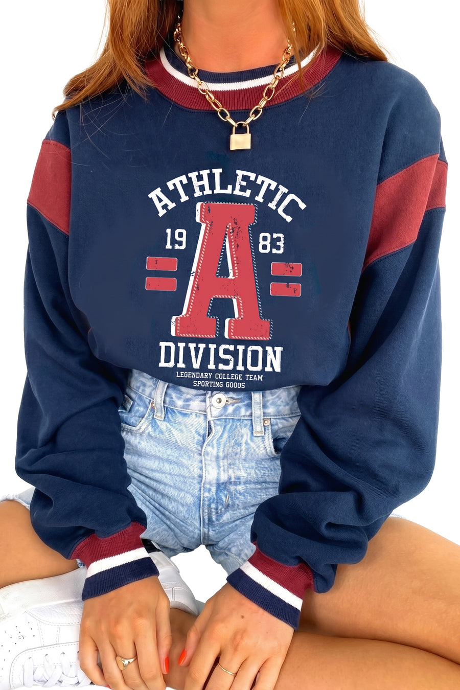 Sail Blue Patchwork Abstract Print Long Sleeve Round Neck Sweatshirt
