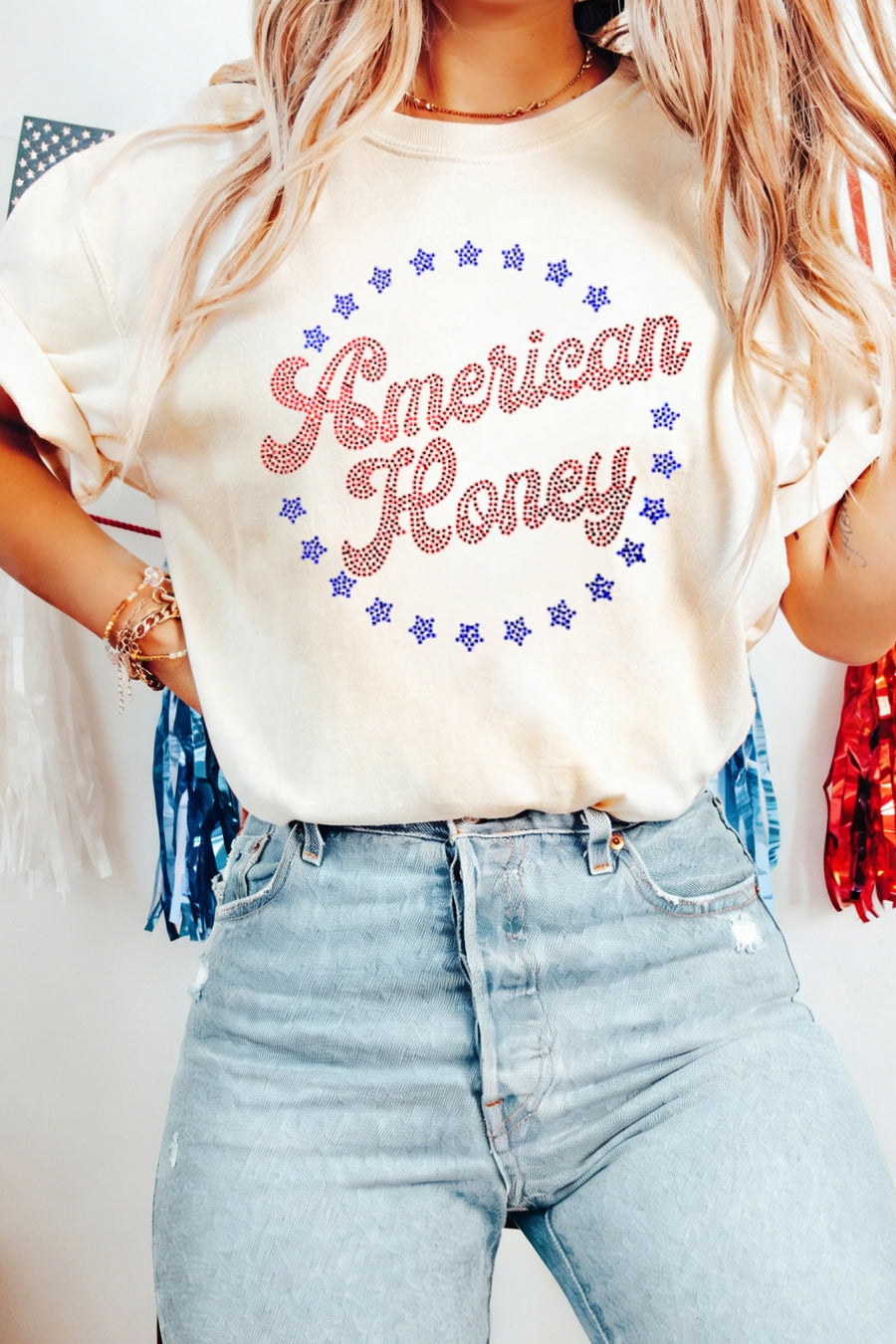White American Honey Rhinestone Graphic T-Shirt