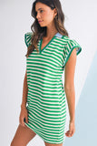 Striped Ruffle Short Sleeve Contrast Neckline Mini Dress- 3 Colors
